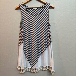 Umgee Striped Tassel Tank Top Tunic Sleeveless Casual Summer‎ Beach Cover Up S